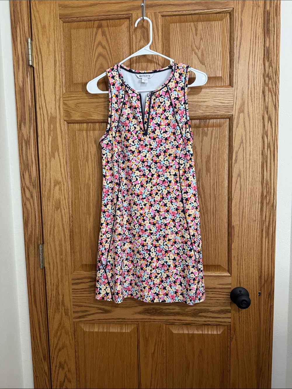 Athleta Pink Floral Sleeveless Mini Dress with Black Trim